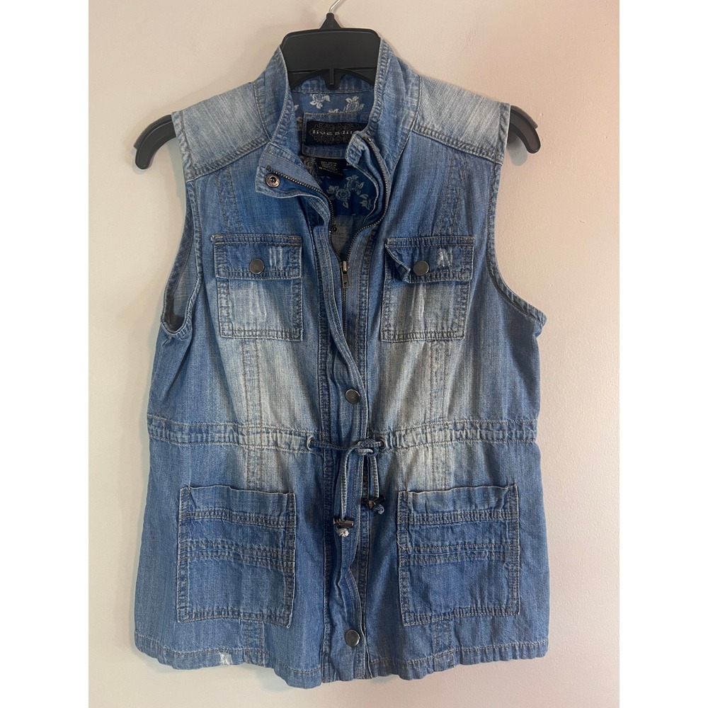 Live A Little Womens Denim Utility Vest Medium Wash Cotton Drawstring Waist M